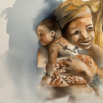 Peinture intitulée "Femme à l’enfant" par Naalya, Œuvre d'art originale, Aquarelle Monté sur Carton