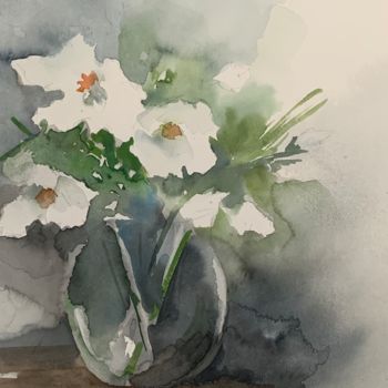 Painting titled "Fleurs blanches" by Naalya, Original Artwork, Watercolor Mounted on Cardboard