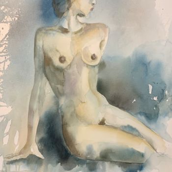 Painting titled "Femme assise" by Naalya, Original Artwork, Watercolor Mounted on Cardboard