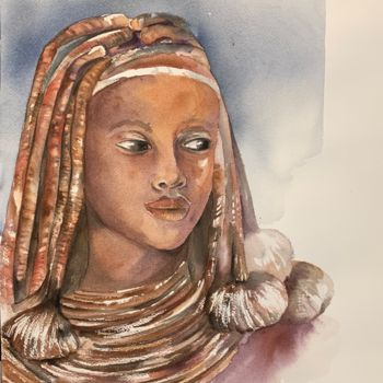 Painting titled "Africaine" by Naalya, Original Artwork, Watercolor Mounted on Cardboard