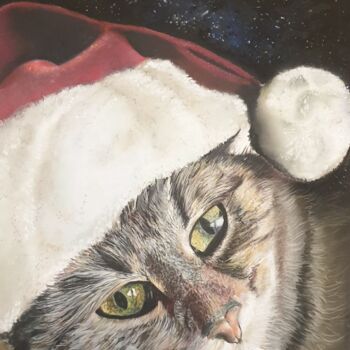 Dessin intitulée "Chat qui attend Noël" par Nad Bonzi, Œuvre d'art originale, Pastel