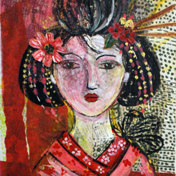 Pintura intitulada "La geisha au papill…" por Nadège Gardian, Obras de arte originais, Acrílico