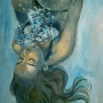 Painting titled "Femme dans une pisc…" by Nadège Lafon, Original Artwork, Oil Mounted on Wood Panel