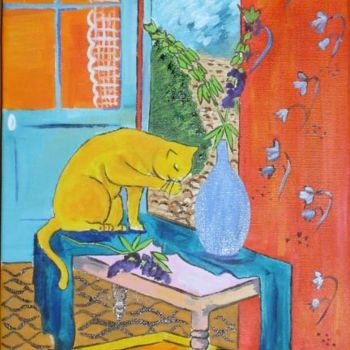 Painting titled "Chat à sa toilette" by Nadege Frazié, Original Artwork