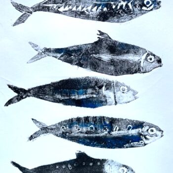 Incisioni, stampe intitolato "Blue fishes" da Nadej Gunalp, Opera d'arte originale, Collagraphy