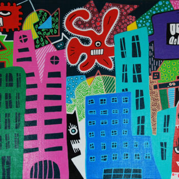 Painting titled "Cartoon City" by Nadel, Original Artwork, Acrylic Mounted on Wood Stretcher frame