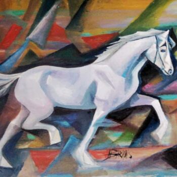 Painting titled "White horse in cubi…" by Nadezda Baruns, Original Artwork, Oil