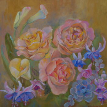 Malarstwo zatytułowany „Rose and fuchsia” autorstwa Nadezda Krivohizina, Oryginalna praca, Olej Zamontowany na Drewniana ram…
