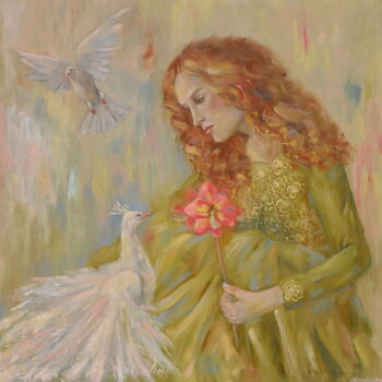 Painting titled "Woman with a birds" by Nadezda Krivohizina, Original Artwork, Oil Mounted on Wood Stretcher frame
