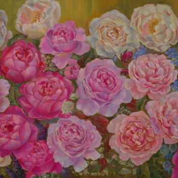 Malarstwo zatytułowany „David Austina roses” autorstwa Nadezda Krivohizina, Oryginalna praca, Olej Zamontowany na Drewniana…