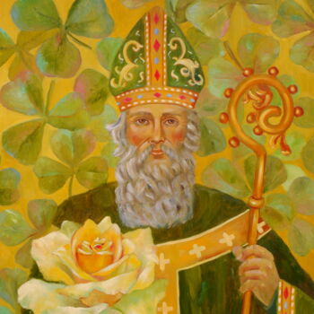 Painting titled "Rose "St. Patrick"…" by Nadezda Krivohizina, Original Artwork, Oil Mounted on Wood Stretcher frame