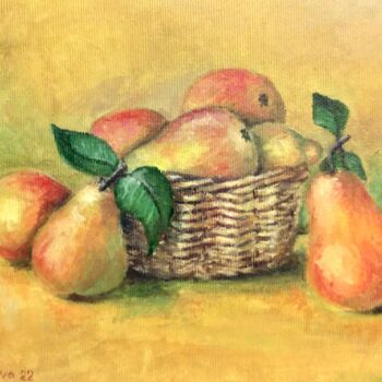 Pintura titulada "Pears in a basket,…" por Nadezhda Gellmundova, Obra de arte original, Oleo Montado en Otro panel rígido