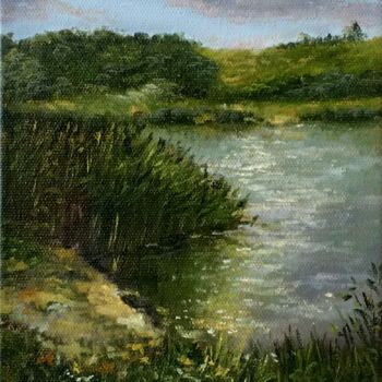 Pintura titulada "Pond after rain, oi…" por Nadezhda Gellmundova, Obra de arte original, Oleo Montado en Otro panel rígido