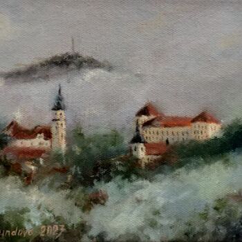 Painting titled "Bílina in the fog,…" by Nadezhda Gellmundova, Original Artwork, Oil Mounted on Other rigid panel