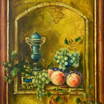 Painting titled "Peaches with grapes…" by Nadezhda Gellmundova, Original Artwork, Oil Mounted on Other rigid panel
