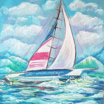 Painting titled ""White sailboat at…" by Nadezhda Kokorina, Original Artwork, Pastel