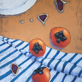 Painting titled "Three persimmons" by Nadezhda Shamkova, Original Artwork, Pastel