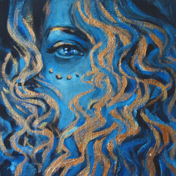 Painting titled "Girl with curly hai…" by Nadezhda Zueva, Original Artwork, Acrylic Mounted on Cardboard