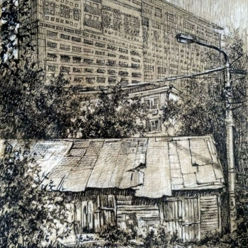 Drawing titled "Old and new city, h…" by Nadezhda Zueva, Original Artwork, Gel pen