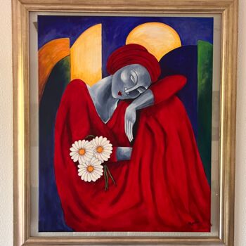 Painting titled "Jeune femme aux mar…" by Nadia Guyon De Chemilly, Original Artwork, Oil Mounted on Glass