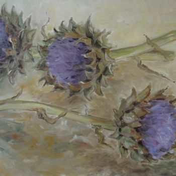 Painting titled "artichauts en fleur" by Nadia Jobin, Original Artwork, Oil