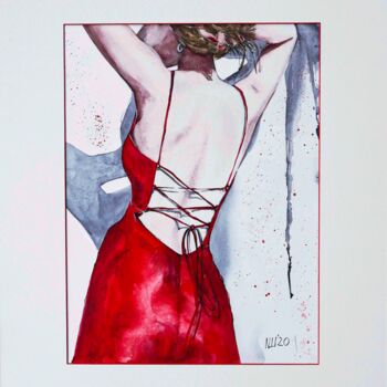Painting titled "Red dress" by Nadia Sh. Mikhailo, Original Artwork, Watercolor