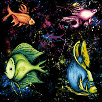 Digital Arts titled "Tableau poissons tr…" by Nadia Chevrel, Original Artwork, Digital Painting