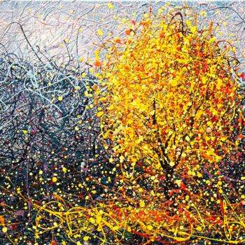 Картина под названием "Yellow abstract tre…" - Nadiia Antoniuk, Подлинное произведение искусства, Акрил Установлен на Деревя…