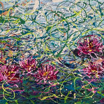 Картина под названием "Flowers pond Lotuse…" - Nadiia Antoniuk, Подлинное произведение искусства, Акрил Установлен на Деревя…