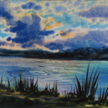 Painting titled "Sunset" by Nadiia Dubei, Original Artwork, Watercolor