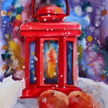 Painting titled "Christmas" by Nadiia Dubei, Original Artwork, Watercolor