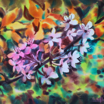 Schilderij getiteld "Cherry blossom" door Nadiia Dubei, Origineel Kunstwerk, Aquarel
