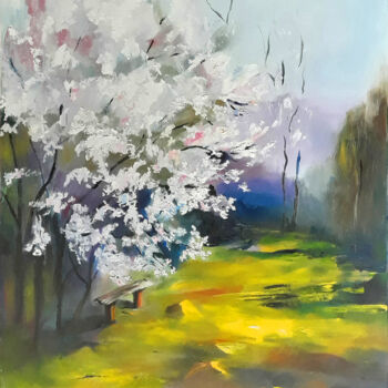 Painting titled "Cherry blossoms" by Nadiia Govor, Original Artwork, Oil