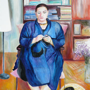 Schilderij getiteld "Mom Knitting in Blue" door Nadina Pascariu, Origineel Kunstwerk, Olie