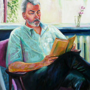 Painting titled "Dad Reading in the…" by Nadina Pascariu, Original Artwork, Oil