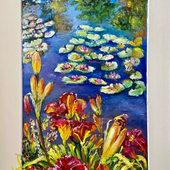 Painting titled "Les lys du jardin d…" by Nadine Lenzotti, Original Artwork, Acrylic Mounted on Cardboard