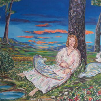 Painting titled "Le repos de l'Ange" by Nadine Rivoal, Original Artwork, Acrylic Mounted on Wood Stretcher frame