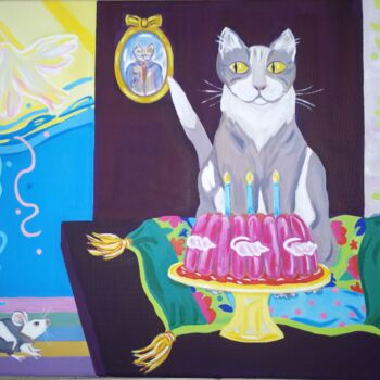 Painting titled "L'anniversaire de M…" by Nadine Rivoal, Original Artwork, Other Mounted on Wood Stretcher frame