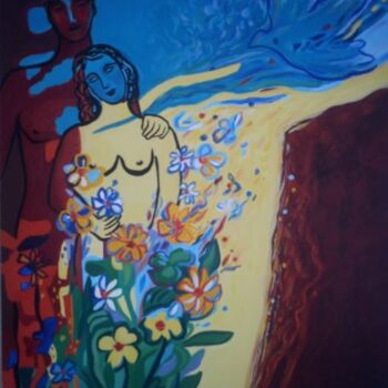 Painting titled "Amour" by Nadine Rivoal, Original Artwork, Oil Mounted on Wood Stretcher frame