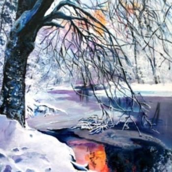 Peinture intitulée "l'étang enneigé" par Nadine Coffinier, Œuvre d'art originale, Acrylique