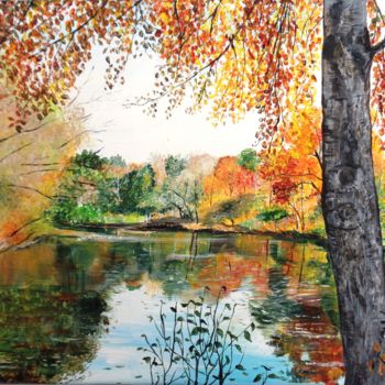 Peinture intitulée "L'étang en automne" par Nadine Coffinier, Œuvre d'art originale, Acrylique