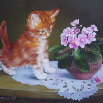 Painting titled "Kitten and violets" by Nadine Malino, Original Artwork, Oil