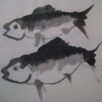Dessin intitulée "poissons" par Nadine Trescartes (fildefériste), Œuvre d'art originale, Encre