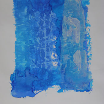 Printmaking titled "maya-bleues-2" by Nadine Trescartes (fildefériste), Original Artwork, Engraving Mounted on Other rigid p…
