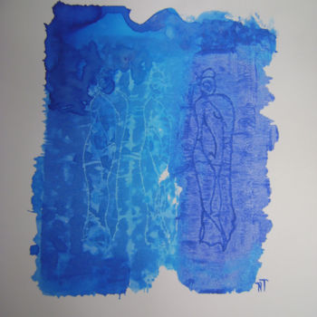 Printmaking titled ""Mayas Bleues" 3" by Nadine Trescartes (fildefériste), Original Artwork, Engraving Mounted on Other rigi…