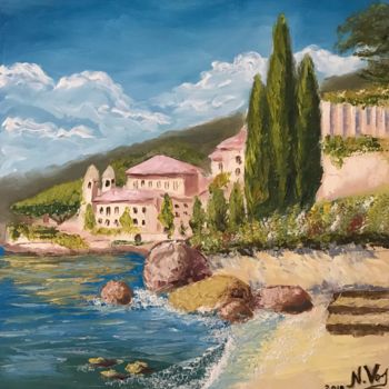 Painting titled "Como Lake, Italy" by Nadia Voro, Original Artwork, Oil Mounted on Wood Stretcher frame