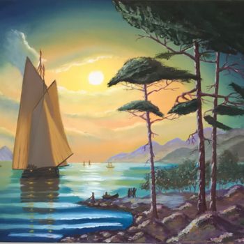 Peinture intitulée "Boat at The Sunset" par Nadia Voro, Œuvre d'art originale, Huile Monté sur Châssis en bois