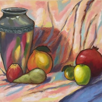 Painting titled "Still life with fru…" by Nadia Voro, Original Artwork, Oil Mounted on Wood Stretcher frame