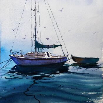 Painting titled "Sail and boat in th…" by Nady Navy, Original Artwork, Watercolor