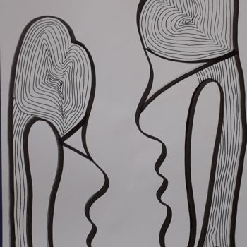 Drawing titled "La rencontre 1" by Nadya Abrous, Original Artwork, Ink